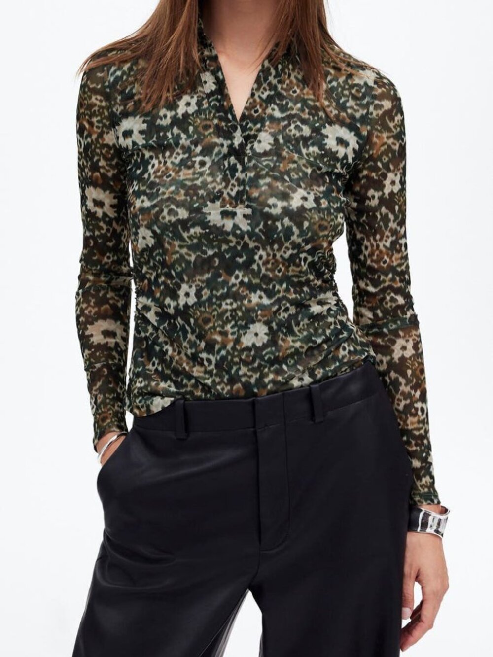 Madewell Floral Long Sleeve Mesh Polo Top - Size XL